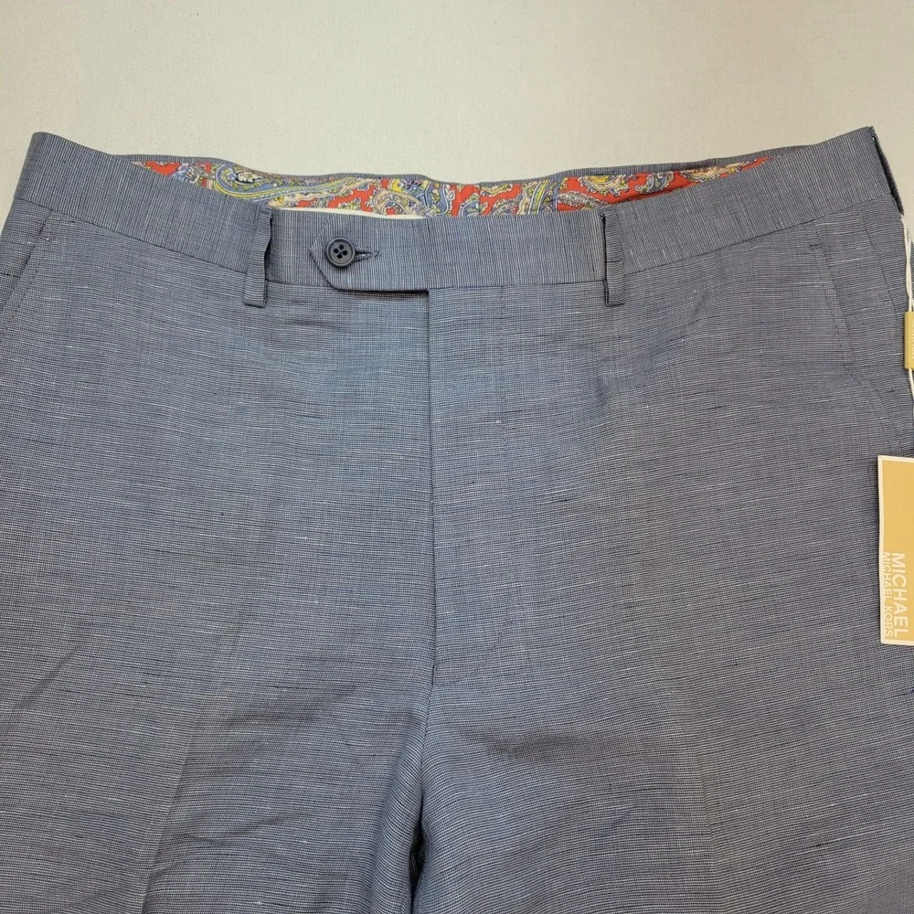 Michael Kors Pants Mens 34x28* Blue Linen Slim Fit Straight Leg Pleated Luxury